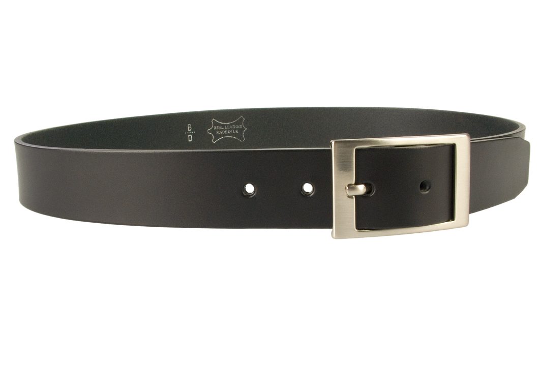 Mens Quality Leather Belt Made In UK - Black - 35mm Wide - Hand Brushed Nickel Plated Buckle - Right Facing View
