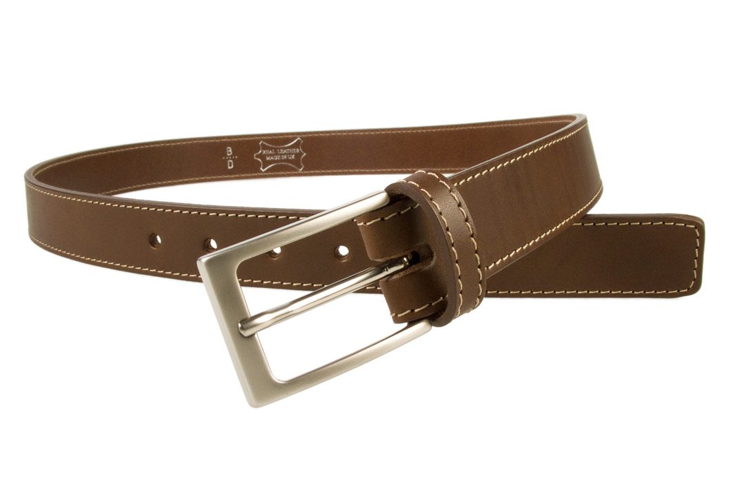 Mens Brown Leather Belt With Contrasting Stitched Edge, Matt Nickel Plated Buckle, 30mm Wide, Made In UK, Open Image 2