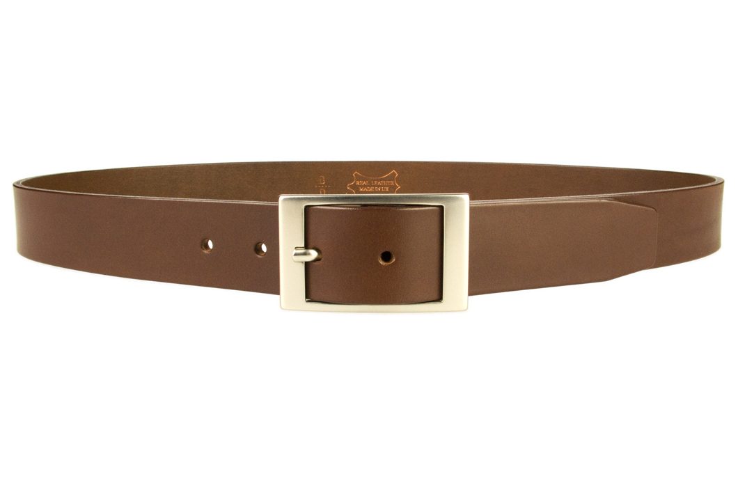 Mens Quality Leather Belt Made In UK - Brown - 35mm Wide - Hand Brushed Nickel Plated Buckle - Front View