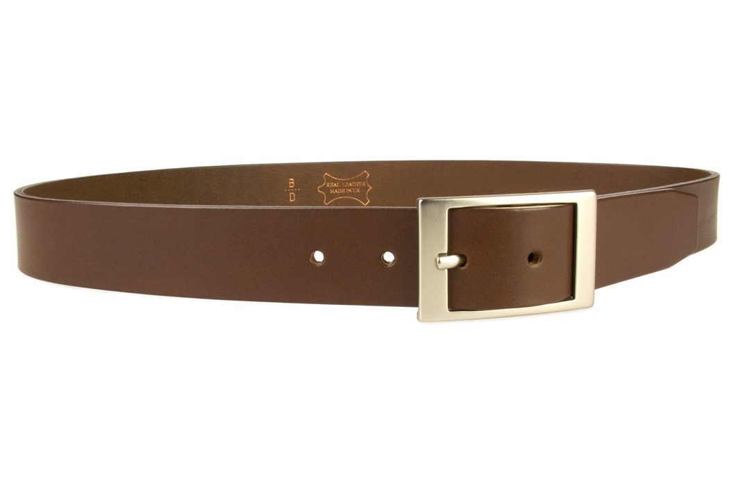 Mens Quality Leather Belt Made In UK - Brown - 35mm Wide - Hand Brushed Nickel Plated Buckle - Right Facing Image