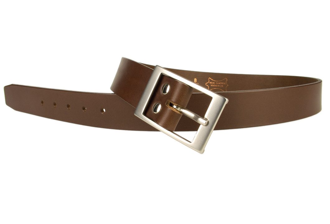 Mens Quality Leather Belt Made In UK - Brown - 35mm Wide - Hand Brushed Nickel Plated Buckle - Open Image 2
