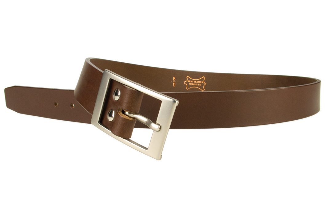 Mens Quality Leather Belt Made In UK - Brown - 35mm Wide - Hand Brushed Nickel Plated Buckle - Open Image 3