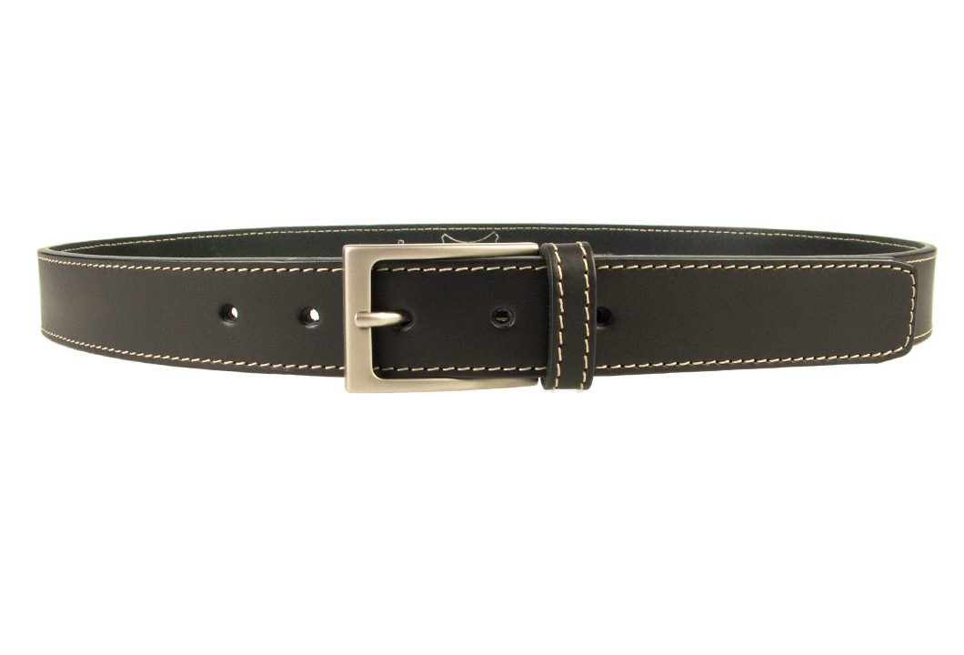 Stitched Belt | Black Leather | 30 mm Wide | Contrasting Stitched Edge | Matt Nickel Plated Buckle | Made In UK | Front Image