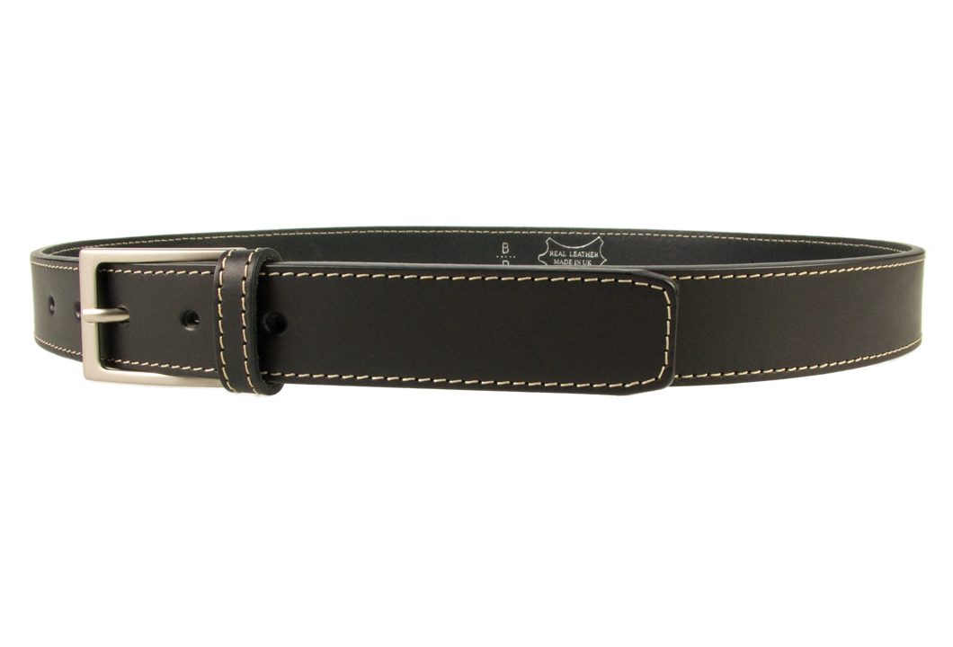 Stitched Belt | Black Leather | 30 mm Wide | Contrasting Stitched Edge | Matt Nickel Plated Buckle | Made In UK | Left Facing Image