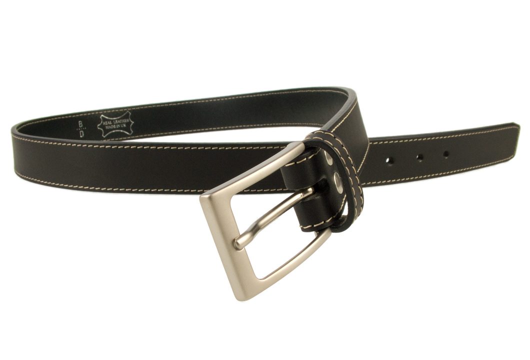 Stitched Belt | Black Leather | 30 mm Wide | Contrasting Stitched Edge | Matt Nickel Plated Buckle | Made In UK | Open Image 2