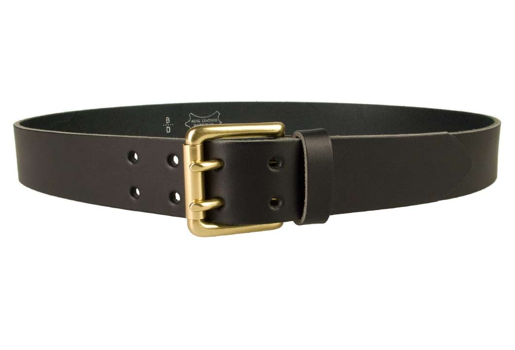 Double Prong Leather Jeans Belt | Black | Solid Brass Double Prong Roller Buckle | 39 cm Wide 1.5 inch | Italian Full Grain Vegetable Tanned Leather | Made In UK | Front Image