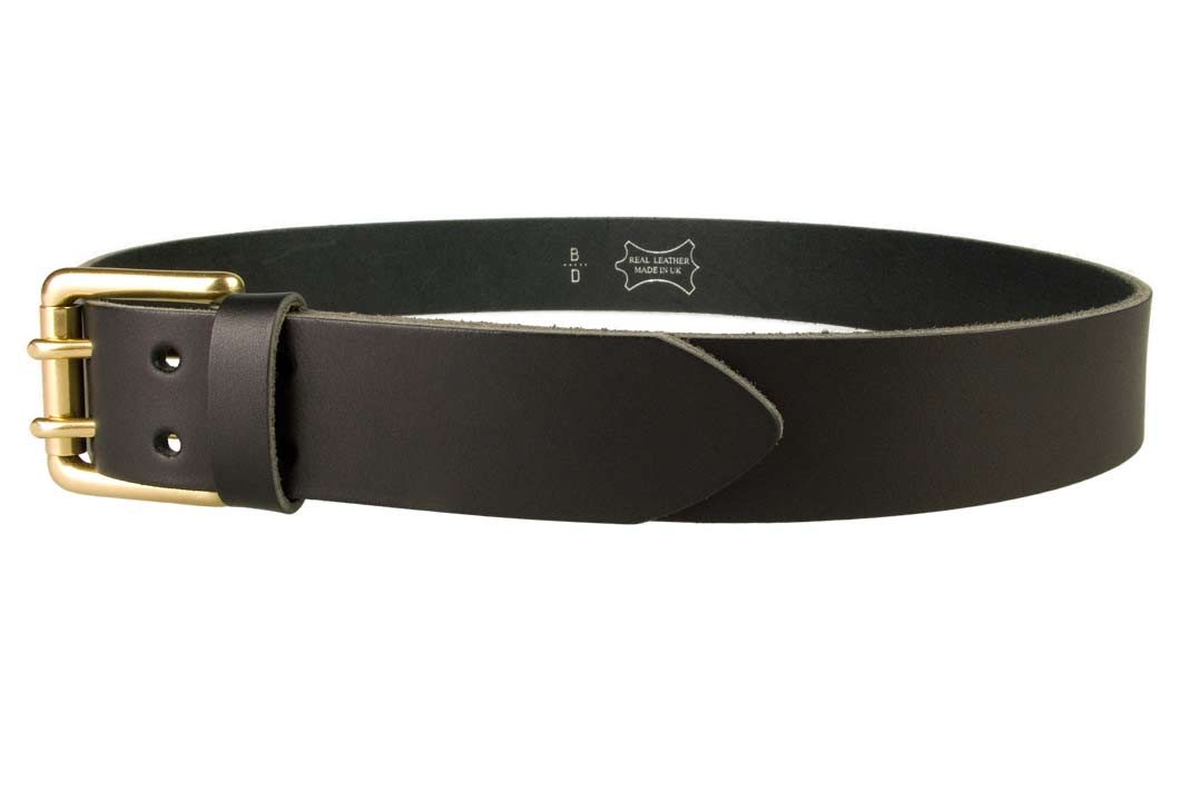 Double Prong Leather Jeans Belt | Black | Solid Brass Double Prong Roller Buckle | 39 cm Wide 1.5 inch | Italian Full Grain Vegetable Tanned Leather | Made In UK | Left Facing Image