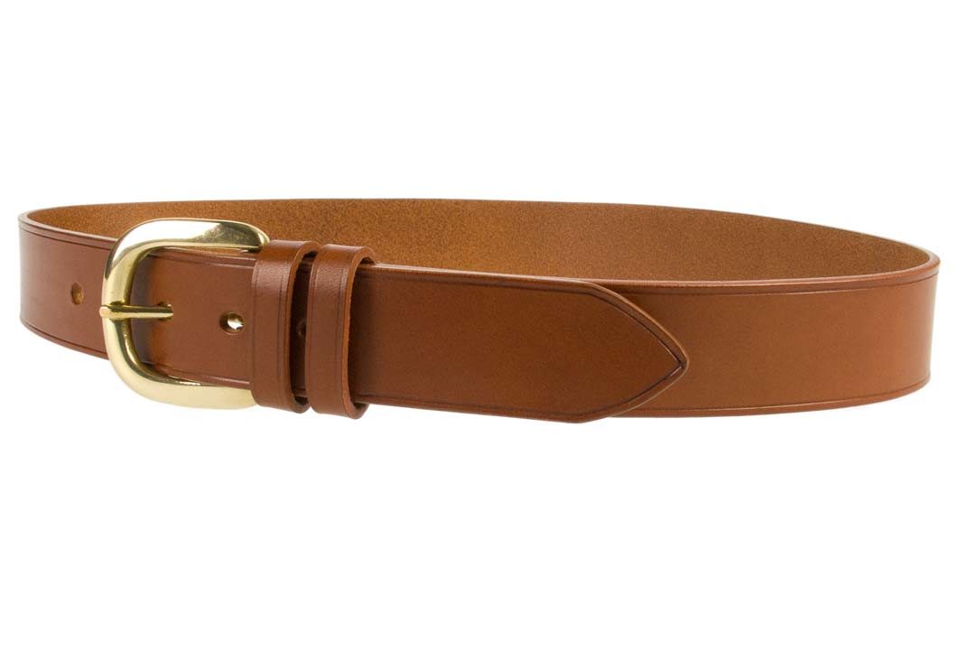 Hand Finished Leather Belt - Made In UK - Tan | 48mm Wide | Two Fixed Keepers | Italian Full Grain Vegetable Tanned Leather | Solid Brass Buckle| Made In UK | Left Facing Image