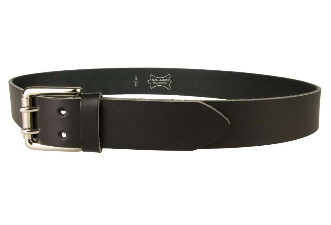 Jeans Belt - Double Prong Roller Buckle | Black | Nickel Plated Solid Brass Double Prong Roller Buckle | 39 cm Wide 1.5 inch | Italian Full Grain Vegetable Tanned Leather | Made In UK | Left Facing Image
