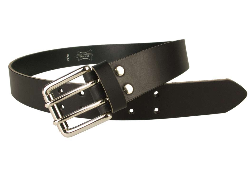 Jeans Belt - Double Prong Roller Buckle | Black | Nickel Plated Solid Brass Double Prong Roller Buckle | 39 cm Wide 1.5 inch | Italian Full Grain Vegetable Tanned Leather | Made In UK | Open Image 1