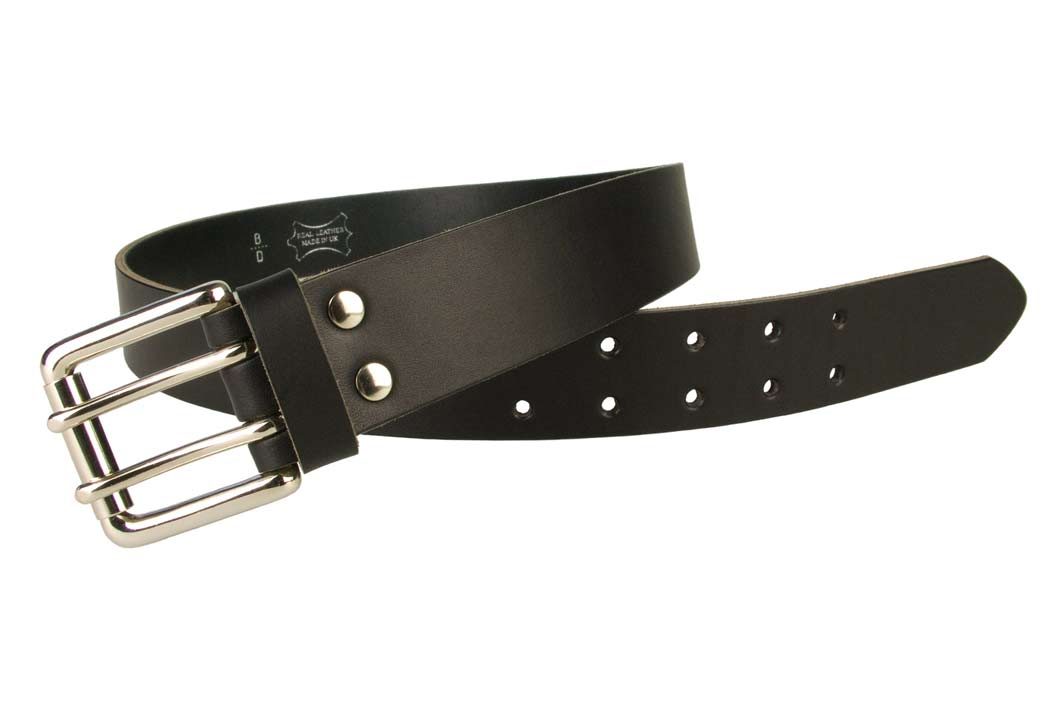Jeans Belt - Double Prong Roller Buckle | Black | Nickel Plated Solid Brass Double Prong Roller Buckle | 39 cm Wide 1.5 inch | Italian Full Grain Vegetable Tanned Leather | Made In UK | Open Image 2