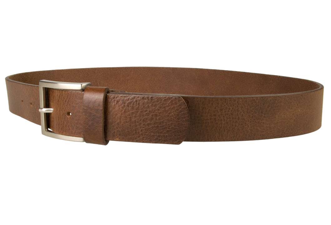 Mens Leather Jeans Belt | Brown | Rough Brushed Matt Nickel Plated Buckle | 40 cm Wide 1.5 inch | Italian Full Grain Vegetable Tanned Leather | Made In UK | Left Facing Image