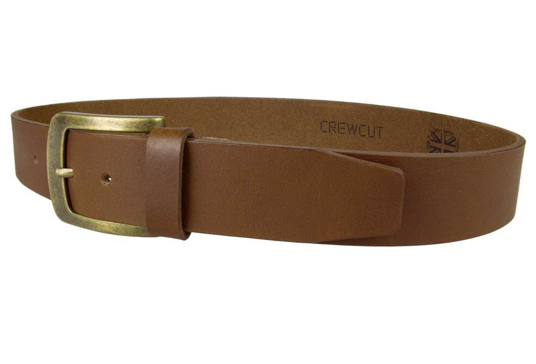 Tan Leather Jeans Belt | 40mm Wide | Italian Full Grain Vegetable Tanned Leather | Old Brass Look Buckle | Made In UK | Left Facing Image
