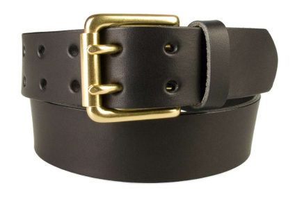 Double Prong Leather Jeans Belt | Black | Solid Brass Double Prong Roller Buckle | 39 cm Wide 1.5 inch | Italian Full Grain Vegetable Tanned Leather | Made In UK | Front Image