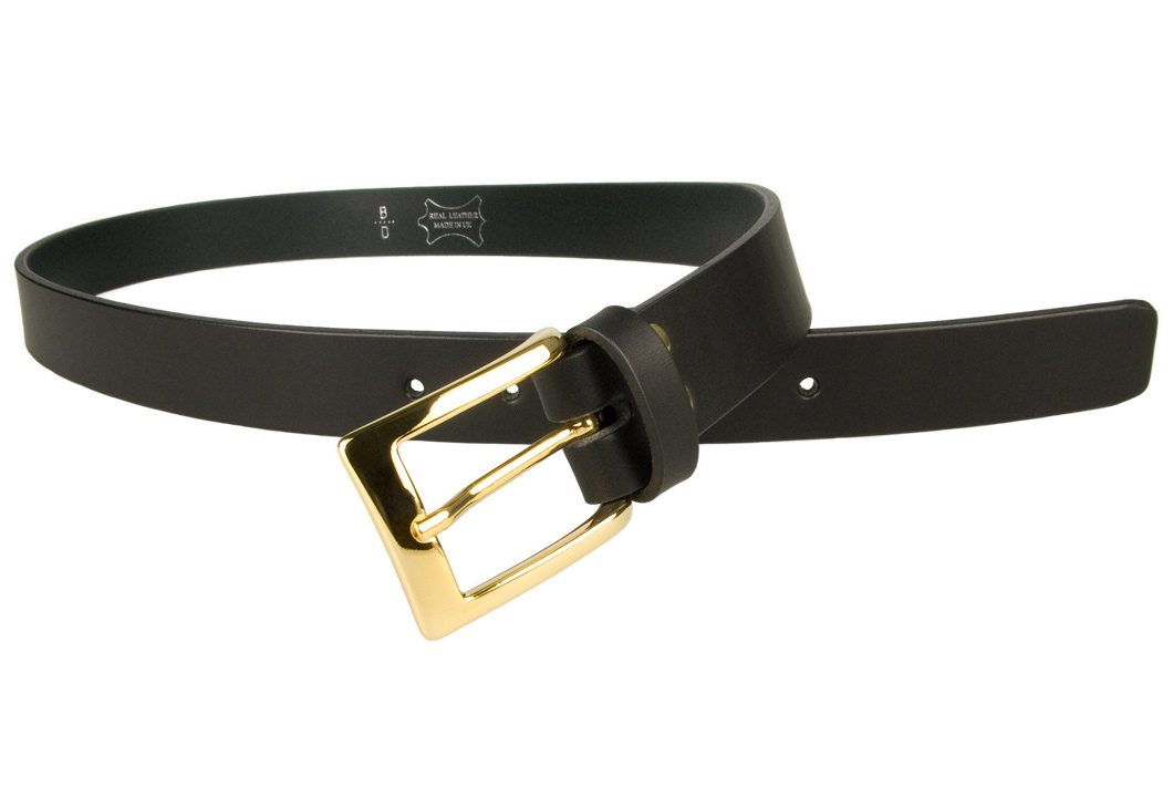 Mens Black Leather Belt With Gold Buckle | 30mm Wide | Gold Plated Buckle | High Quality Vegetable Tanned Leather | Made In UK | Open Image 2