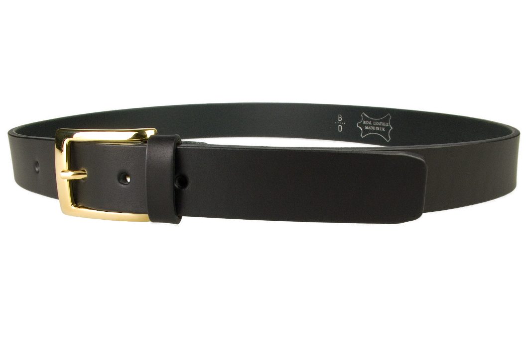 Mens Black Leather Belt With Gold Buckle | 30mm Wide | Gold Plated Buckle | High Quality Vegetable Tanned Leather | Made In UK | Left Facing Image