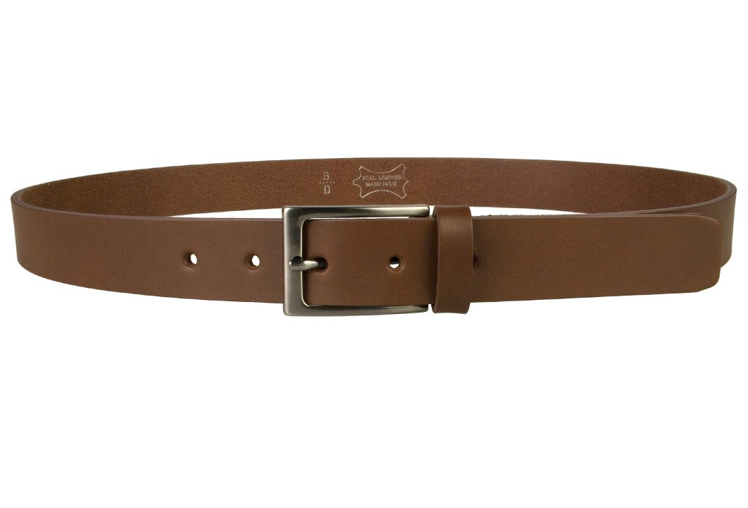 Mens Brown Leather Belt With Gun Metal Buckle, 30 mm Wide, Made In UK, Front Image