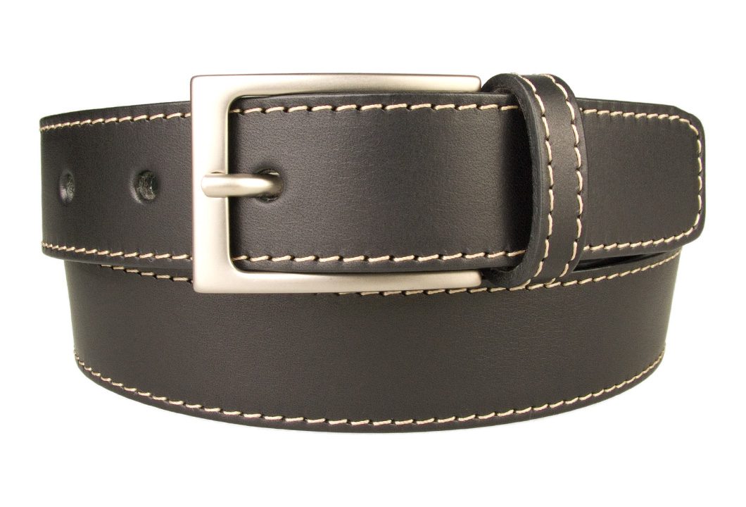 Stitched Belt| Black Leather | 30 mm Wide | Contrasting Stitched Edge | Matt Nickel Plated Buckle | Made In UK | Front Rolled Image