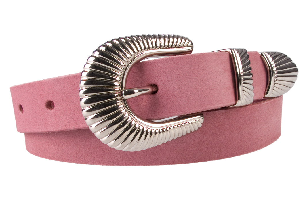 Ladies Pink Leather Belt with Western Style Sunray Buckle