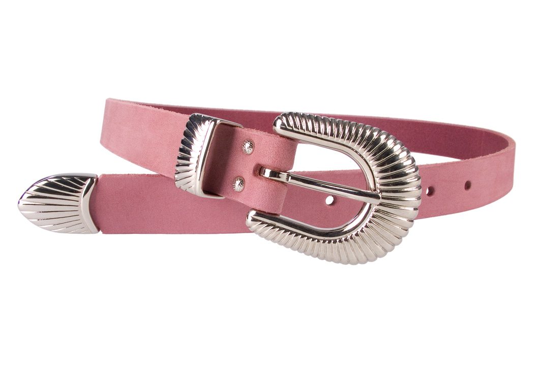 Ladies Pink Leather Belt with Western Style Sunray Buckle - Open View 1
