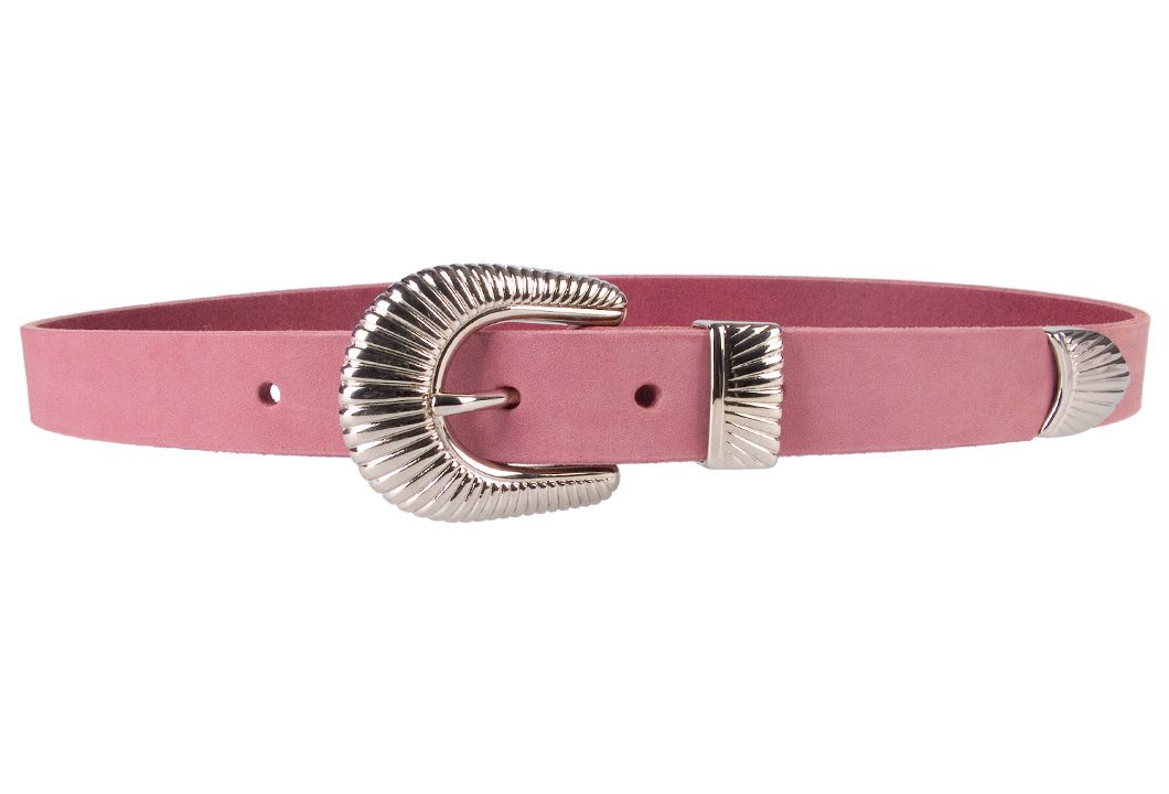 Ladies Pink Leather Belt with Western Style Sunray Buckle - Front View