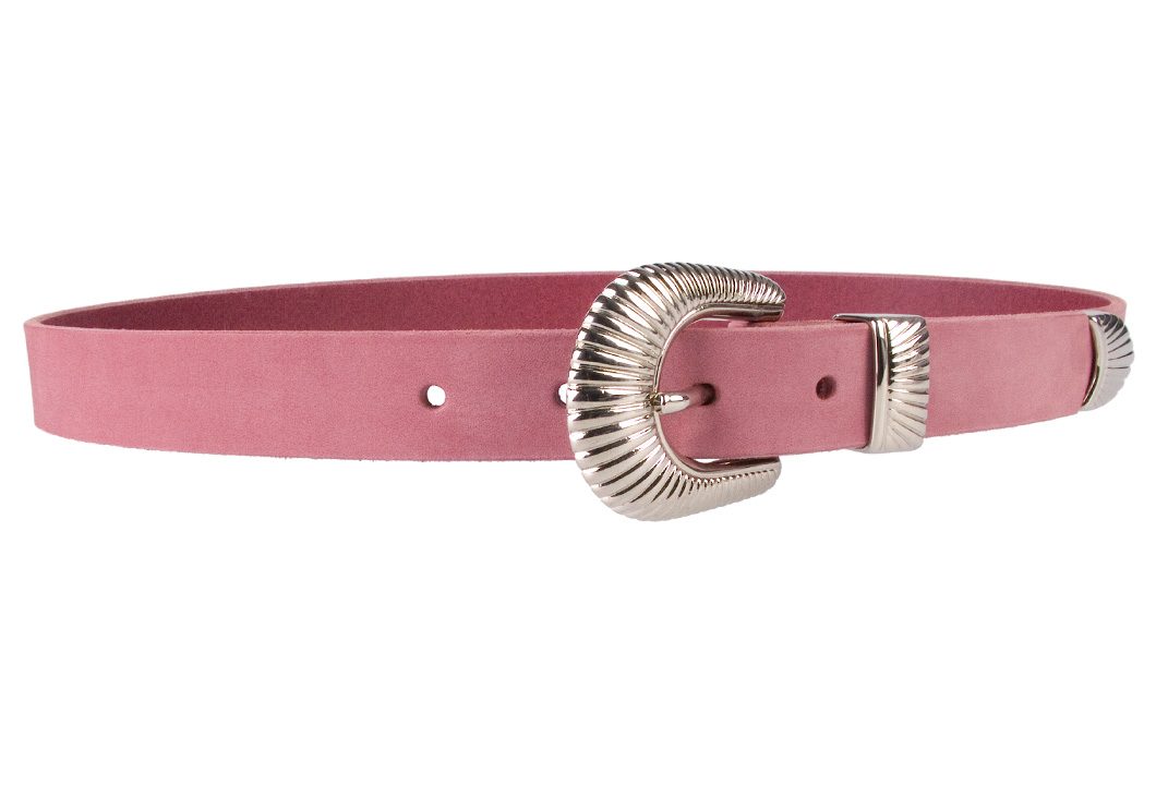Ladies Pink Leather Belt with Western Style Sunray Buckle - Right Facing View