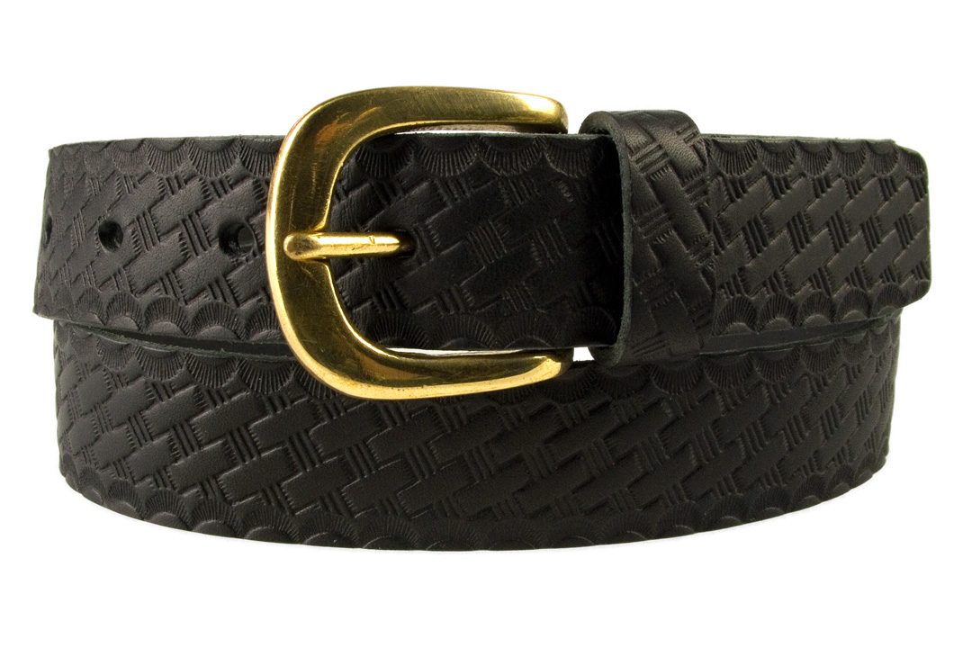 Mens Black Retro Vintage Look Leather Belt - Solid Brass Buckle