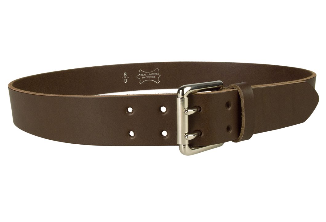 Leather Jeans Belt - Double Prong Roller Buckle - Dark Brown Made In UK