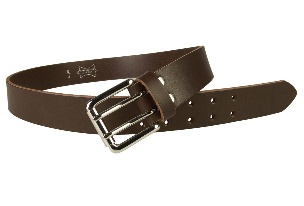 Leather Jeans Belt - Double Prong Roller Buckle. Mens high quality double prong brown leather jeans belt. Made in UK with Italian full grain leather and an Italian made nickel plated solid brass double prong roller buckle. 40 mm 1.57 inch wide and approx. 4 mm thick leather.
