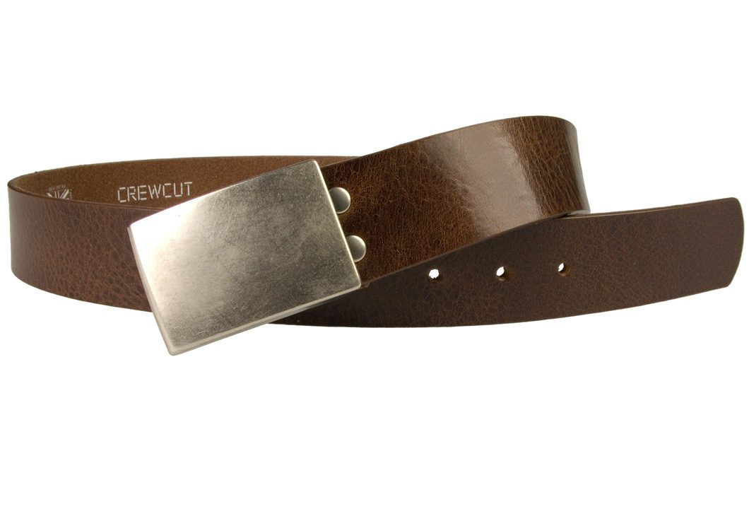 Plaque Buckle Leather Jeans Belt by CREWCUT. Made in U.K. by British craftsmen. High quality leather belt 4cm Wide with aged nickel plated plaque buckle.