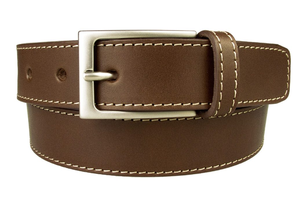 Belt Stitch Leather | Brown | 30 mm Wide | Contrasting Stitched Edge | Matt Nickel Plated Buckle | Made In UK | Front Rolled Image