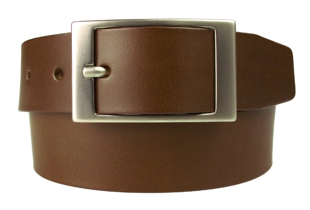 Brown Belt - 35 mm Wide With Centre Bar Buckle - Made In UK | Hand Brushed Nickel Plated Buckle | Front Rolled Image