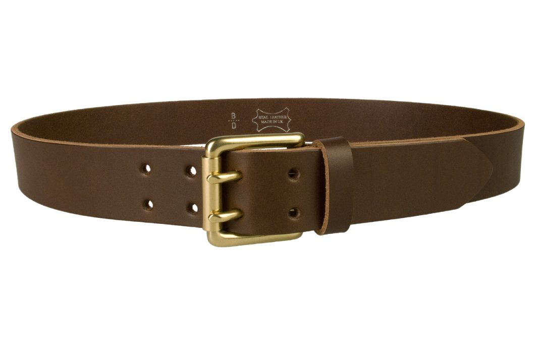 Brass Double Prong Leather Jeans Belt - Brown - Front VIew - Belt Designs