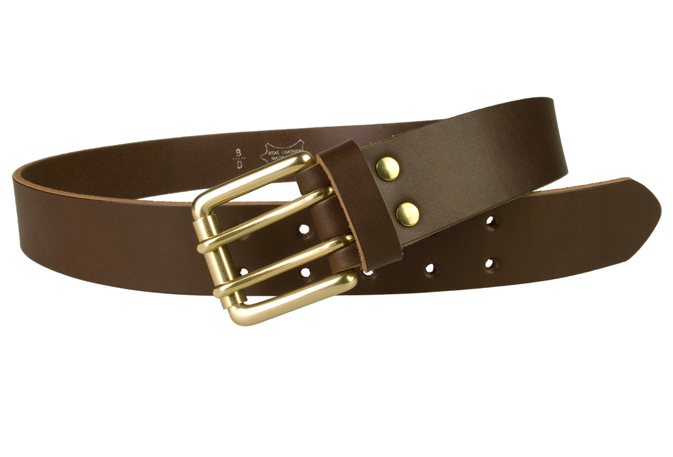 Brass Double Prong Leather Jeans Belt - Brown - Open View 2 - Belt Designs