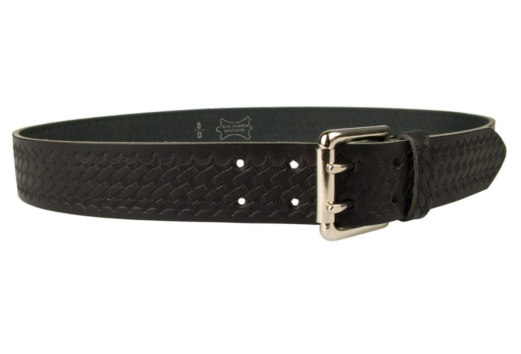 American Style Basketweave Embossed Leather Duty Belt MADE IN UK | Black | Nickel Plated Solid Brass Double Prong Roller Buckle | 39 cm Wide 1.5 inch | Italian Full Grain Vegetable Tanned Leather | Right Facing View