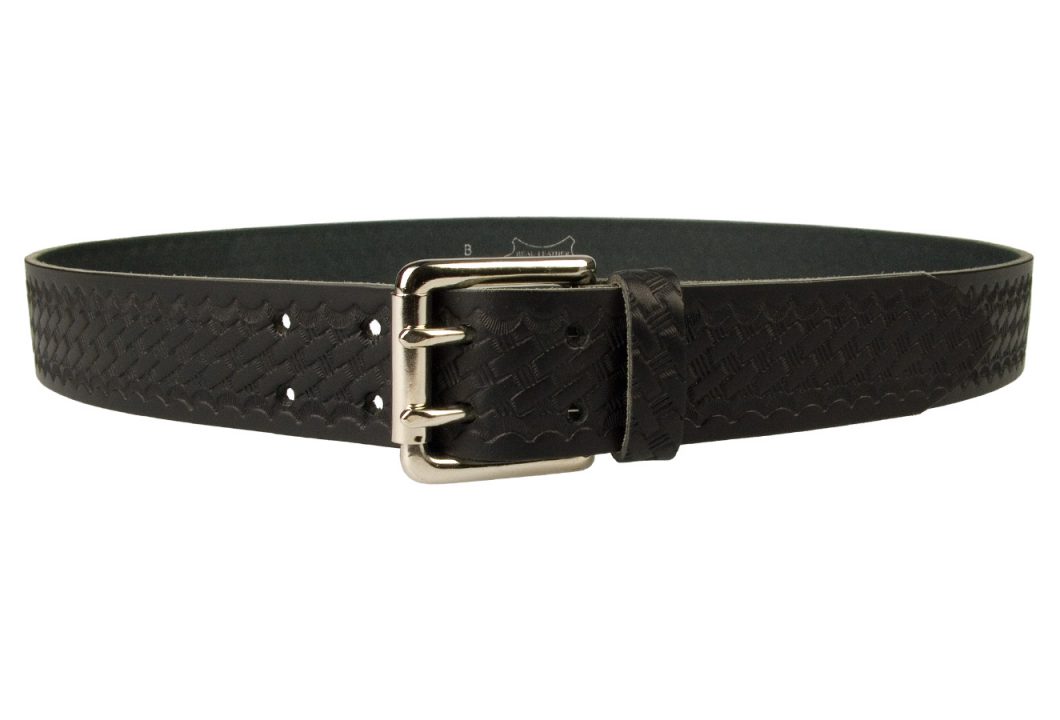 American Style Basketweave Embossed Leather Duty Belt MADE IN UK | Black | Nickel Plated Solid Brass Double Prong Roller Buckle | 39 cm Wide 1.5 inch | Italian Full Grain Vegetable Tanned Leather | Front View