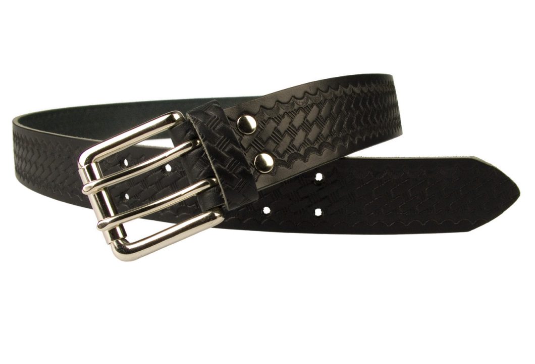 American Style Basketweave Embossed Leather Duty Belt MADE IN UK | Black | Nickel Plated Solid Brass Double Prong Roller Buckle | 39 cm Wide 1.5 inch | Italian Full Grain Vegetable Tanned Leather | Open View 2