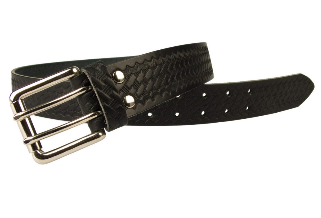 American Style Basketweave Embossed Leather Duty Belt MADE IN UK | Black | Nickel Plated Solid Brass Double Prong Roller Buckle | 39 cm Wide 1.5 inch | Italian Full Grain Vegetable Tanned Leather | Open View 1