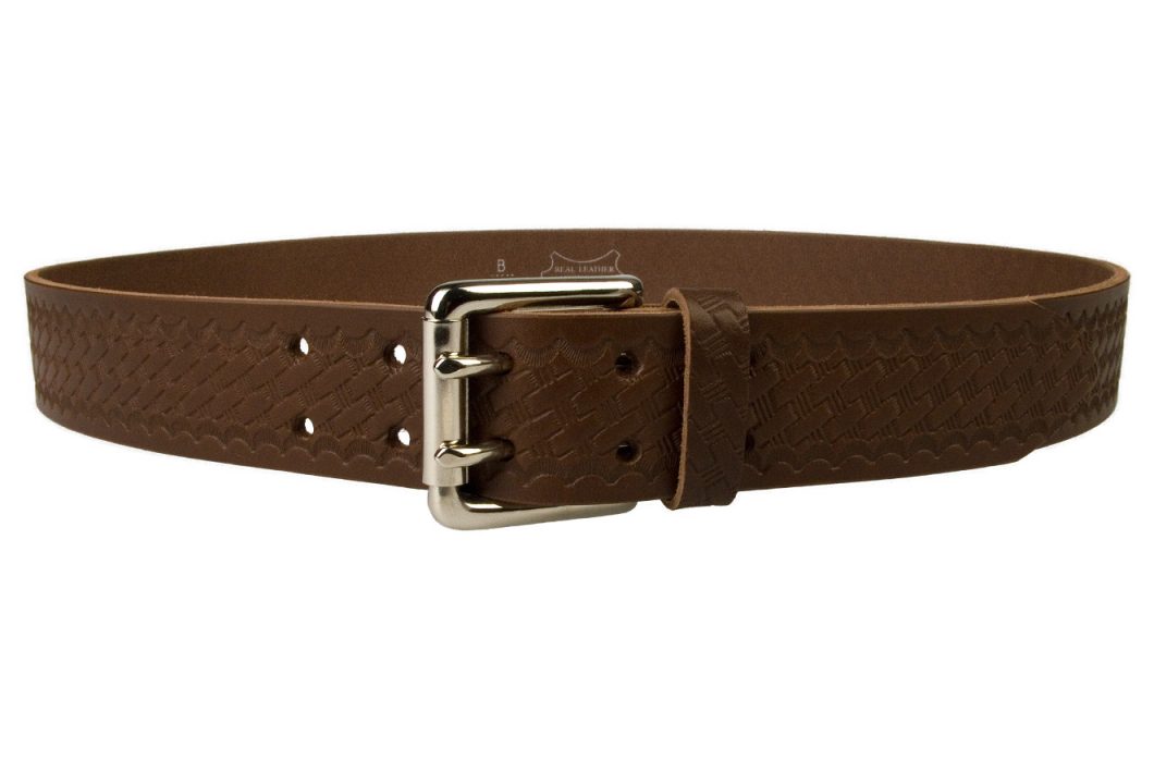 American Style Brown Basketweave Embossed Leather Duty Belt MADE IN UK | Brown | Nickel Plated Solid Brass Double Prong Roller Buckle | 39 cm Wide 1.5 inch | Italian Full Grain Vegetable Tanned Leather | Front View