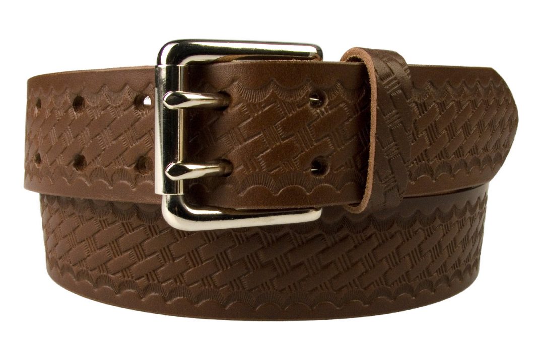 American Style Brown Basketweave Embossed Leather Duty Belt MADE IN UK | Brown | Nickel Plated Solid Brass Double Prong Roller Buckle | 39 cm Wide 1.5 inch | Italian Full Grain Vegetable Tanned Leather | Front Rolled Image