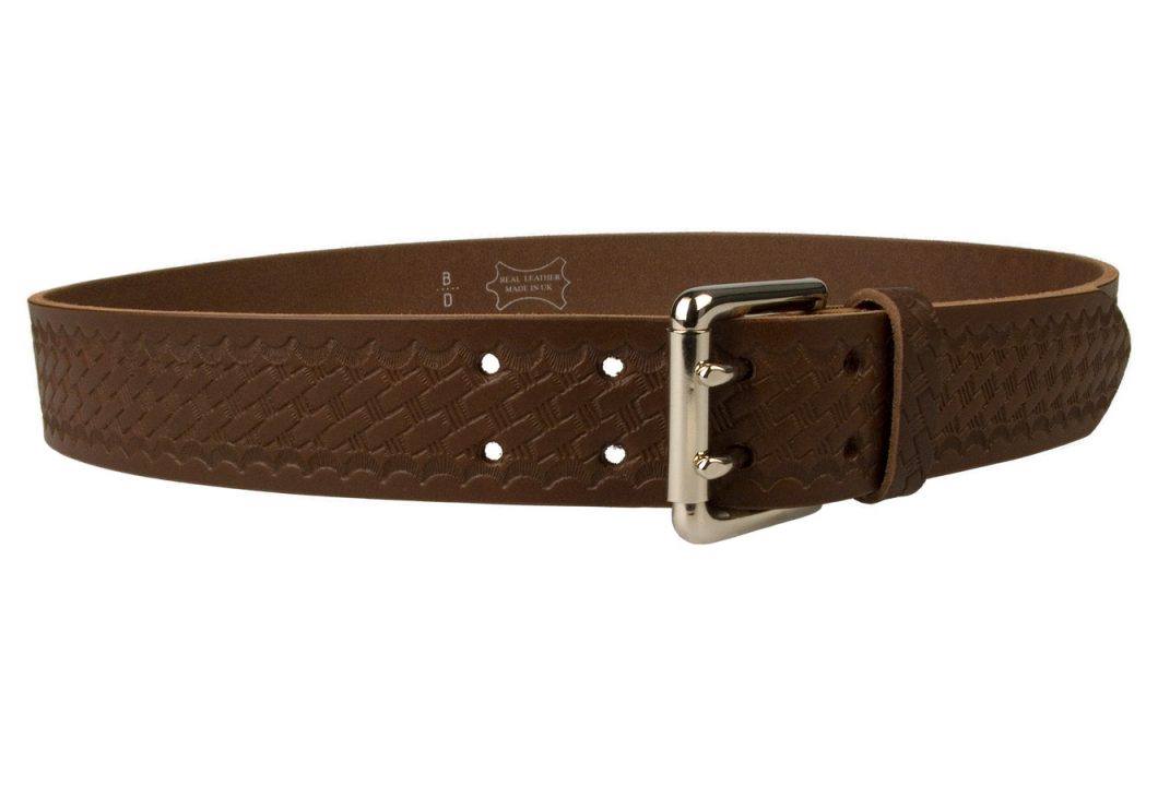 American Style Brown Basketweave Embossed Leather Duty Belt MADE IN UK | Brown | Nickel Plated Solid Brass Double Prong Roller Buckle | 39 cm Wide 1.5 inch | Italian Full Grain Vegetable Tanned Leather | Right Facing View