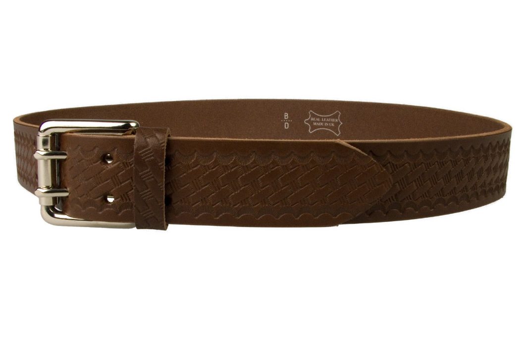 American Style Brown Basketweave Embossed Leather Duty Belt MADE IN UK | Brown | Nickel Plated Solid Brass Double Prong Roller Buckle | 39 cm Wide 1.5 inch | Italian Full Grain Vegetable Tanned Leather | Left Facing View