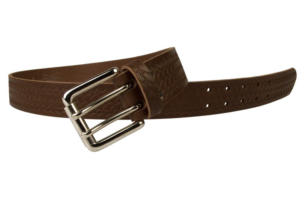 American Style Brown Basketweave Embossed Leather Duty Belt MADE IN UK | Brown | Nickel Plated Solid Brass Double Prong Roller Buckle | 39 cm Wide 1.5 inch | Italian Full Grain Vegetable Tanned Leather | Open View 2