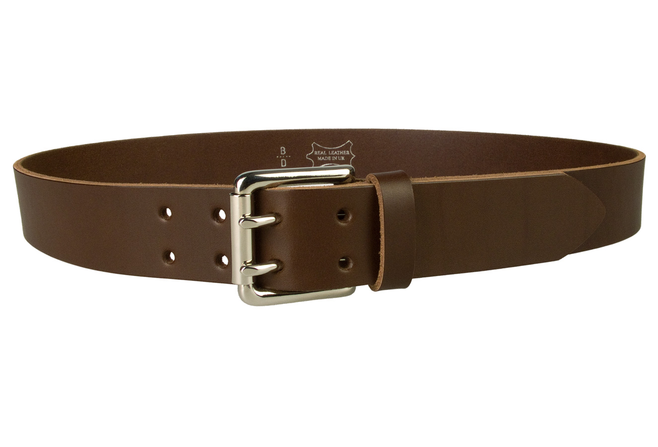 Leather Jeans Belt - Double Prong Roller Buckle - Brown - Front VIew ...