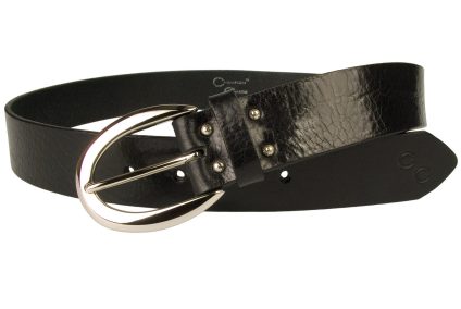 Womens Black Leather Jeans Belt 'Astrid'. This belt is made in the UK by Champion Chase with a supple Italian full grain shiny black leather. The belt has a beautiful 'C' shaped Italian made bright silver tone solid brass buckle and has the classic double Horse Shoe motif of Champion Chase. There are four silver tone jewel like domed closures to add a nice feminine touch to this high quality British Made belt.