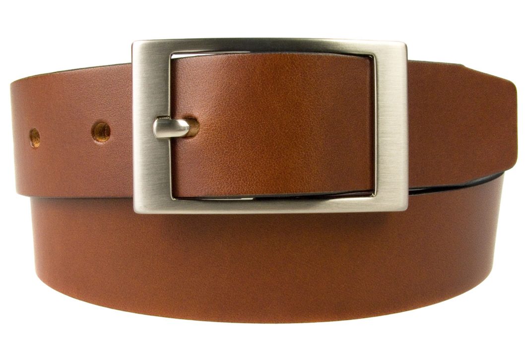 Tan Leather Belt British Made, 3.5cm Wide, Made In UK, Real Leather, Full Grain Italian Leather, 4mm Thick Approx, Italian Hand Brushed Matt Nickel Buckle, Center Bar Whole Buckle, Rolled Front View