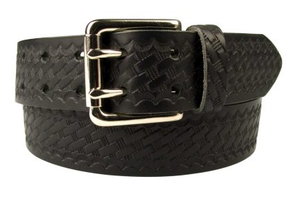 American Style Basketweave Embossed Leather Duty Belt MADE IN UK | Black | Nickel Plated Solid Brass Double Prong Roller Buckle | 39 cm Wide 1.5 inch | Italian Full Grain Vegetable Tanned Leather | | Front Rolled Image