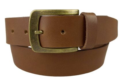 Tan Leather Jeans Belt | 40mm Wide | Italian Full Grain Vegetable Tanned Leather | Old Brass Look Buckle | Made In UK | Front Rolled Image