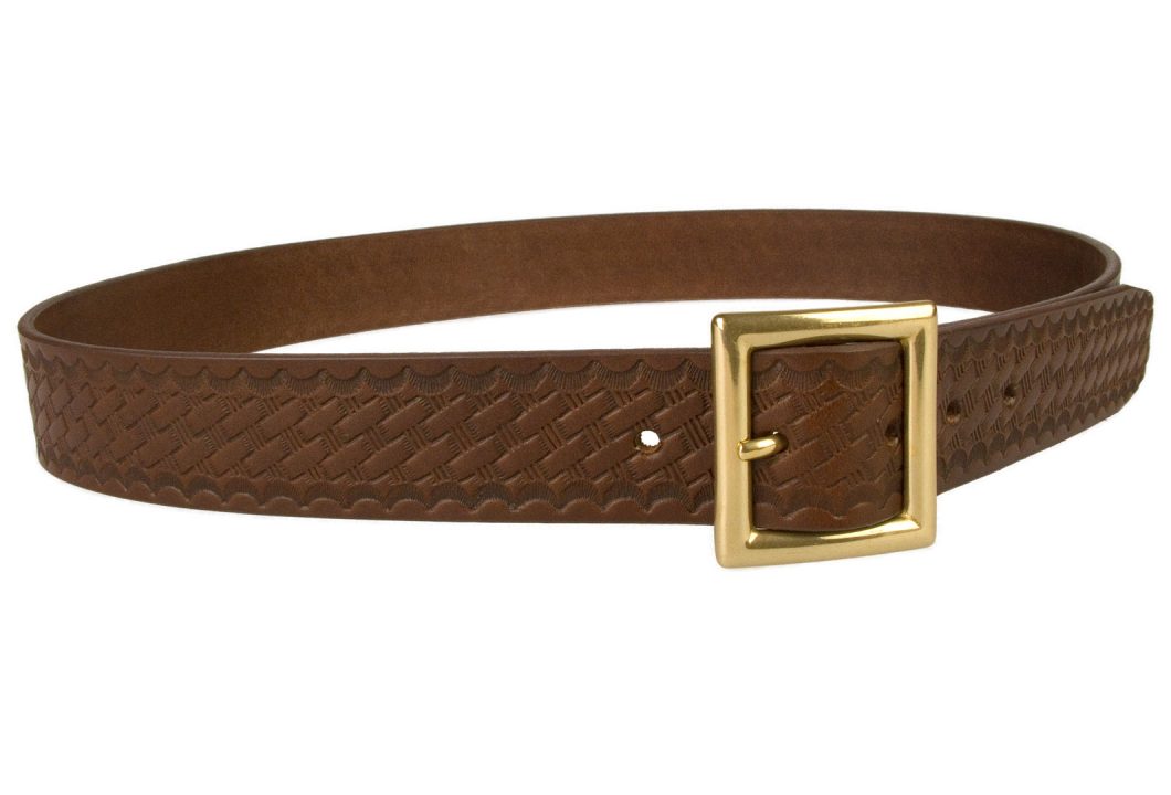 Embossed Brown Leather Belt With Solid Brass Garrison Buckle. Made In UK By British Craftsmen. High Quality Italian Made Solid Brass Buckle. Basket Weave Print Embossed onto Full Grain Italian Vegetable Tanned Leather. 3.5 cm Wide Leather Belt. Ideal for smart casual trousers. Strong Riveted Return and 5 adjustment Holes.