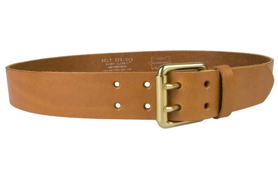 Light Tan Leather Jeans Belt With Solid Brass Buckle, 4cm Wide, Two Prong Roller Buckle, Italian Full Grain Leather, Leather Approx. 3.5 - 4mm thick. Made In UK by British Craftsmen